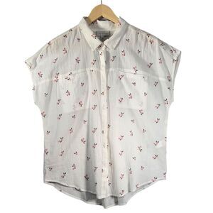 Lucky Brand Women's Floral Button-Up Blouse Top White Size M Casual Cotton
